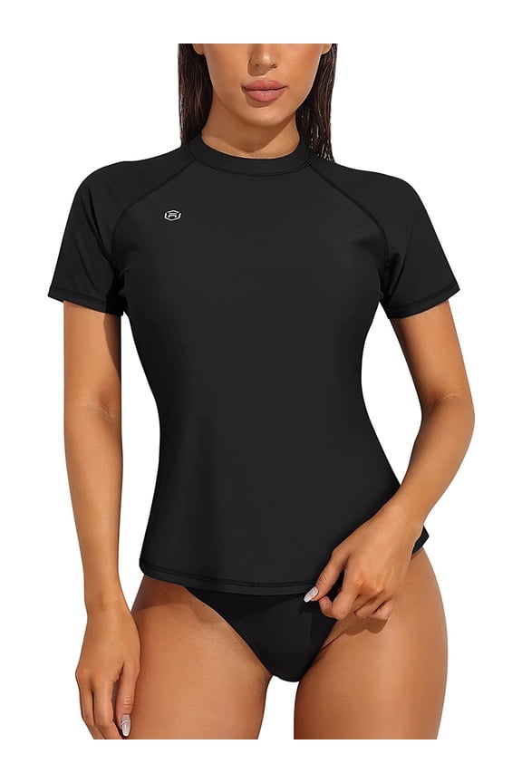 Women's Short Sleeve UPF 50+ Swimwear Rash Guard Solid Banded Crewneck Surfing Bath Tops