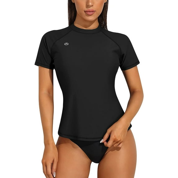 Women's Short Sleeve UPF 50+ Swimwear Rash Guard Solid Banded Crewneck Surfing Bath Tops