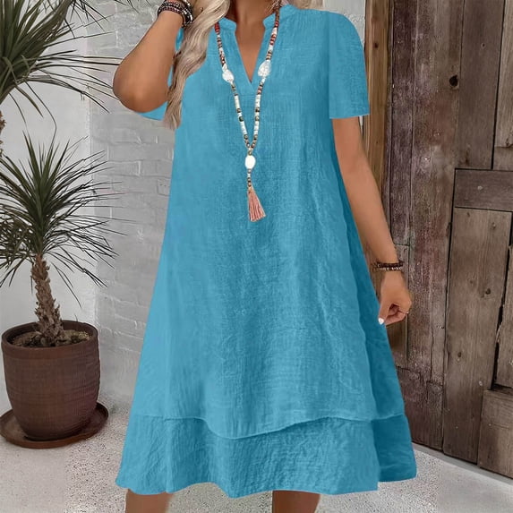 Women's Short Sleeve V-Neck A-Line Dress Solid Color Mid-Waist Summer Casual