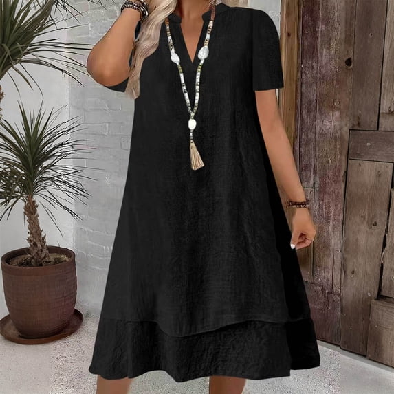 Women's Short Sleeve V-Neck A-Line Dress Solid Color Mid-Waist Summer Casual