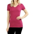 thumbnail image 1 of Women's Short Sleeve V-Neck Basic Solid Plain Tee Shirt (Magenta, XL), 1 of 4
