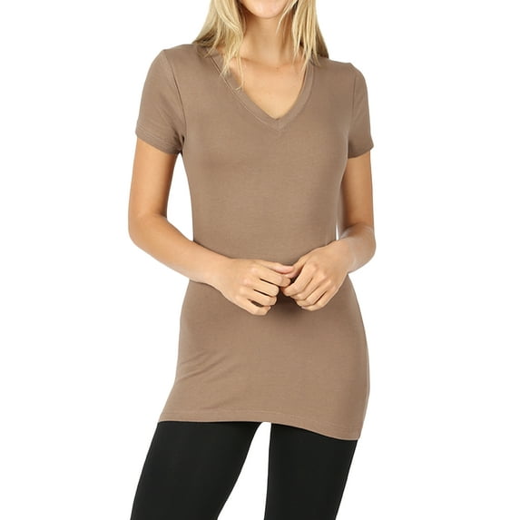 Women's Short Sleeve V-Neck Basic Solid Plain Tee Shirt (Mocha, L)