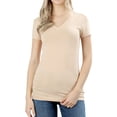 thumbnail image 1 of Women's Short Sleeve V-Neck Basic Solid Plain Tee Shirt (Sand, S), 1 of 4