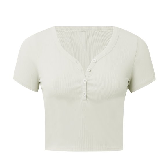 Women's Short Sleeve V Neck Basic T-Shirt Slim Fit Summer Top Casual Button Down Tee Comfortable Stylish Blouse