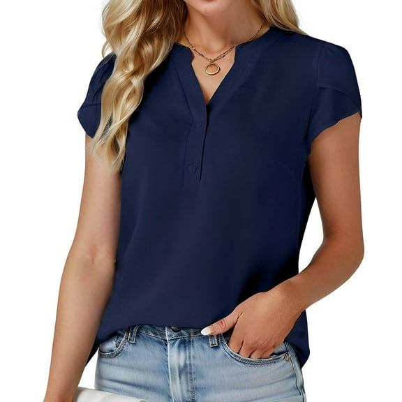 Women's Short Sleeve V - Neck Blouse With Button - Down Front Design