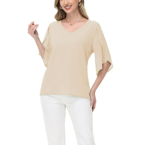 Women's V-Neck Blouse with Split Sheer Short Sleeves and Relaxed Fit Silhouette- Large, Beige