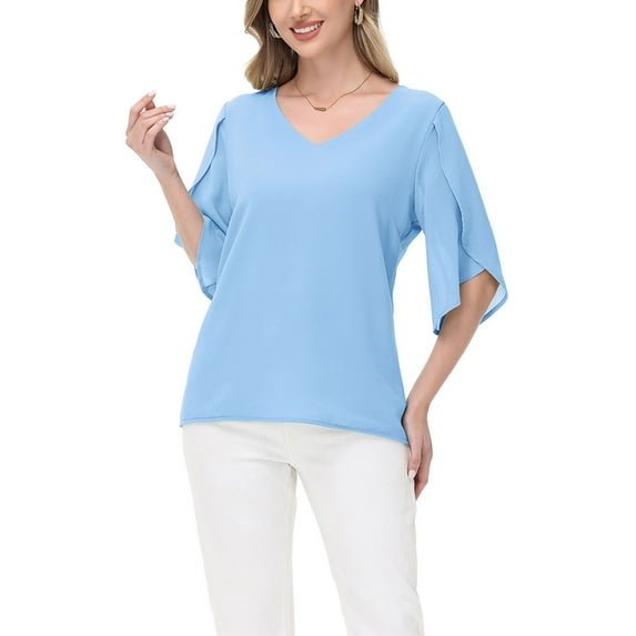 Women's V-Neck Blouse with Split Sheer Short Sleeves and Relaxed Fit Silhouette- Large, Blue