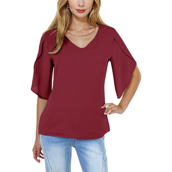 Women's Short Sleeve V-Neck Blouse With Layered Bell Sleeves- Large, Burgundy