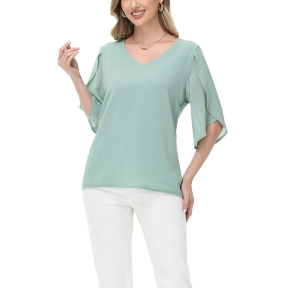 Women's Short Sleeve V-Neck Blouse With Layered Bell Sleeves- Large, Green