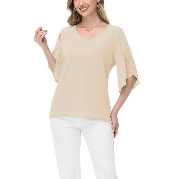 Women's V-Neck Blouse with Split Sheer Short Sleeves and Relaxed Fit Silhouette- Small, Beige