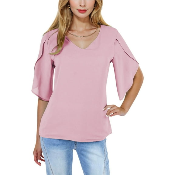 Women's Short Sleeve V-Neck Blouse With Layered Bell Sleeves- X Large, Pink