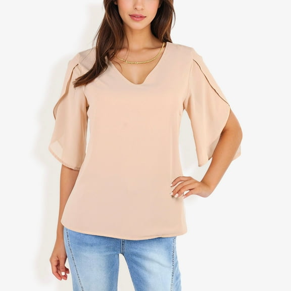 Women's Short Sleeve V-Neck Blouse With Layered Bell Sleeves- XX Large, Beige