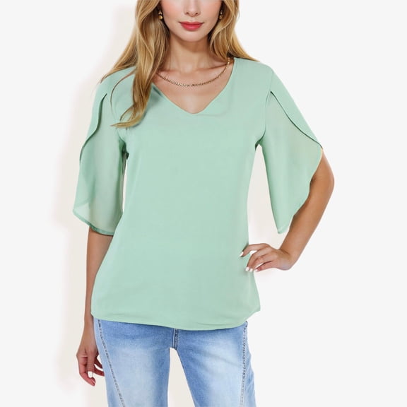 Women's Short Sleeve V-Neck Blouse With Layered Bell Sleeves- XX Large, Green