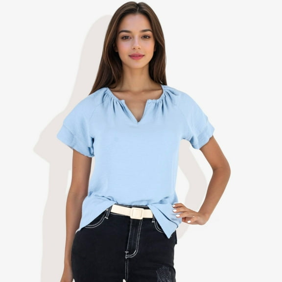 Women's Short Sleeve V-Neck Blouse with Double Layer Ruffle Sleeve Detail Casual and Chic for Everyday Wear- Medium, Blue