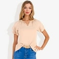 thumbnail image 1 of Women's Short Sleeve V-Neck Blouse with Double Layer Ruffle Sleeve Detail Casual and Chic for Everyday Wear- X Large, Beige, 1 of 7