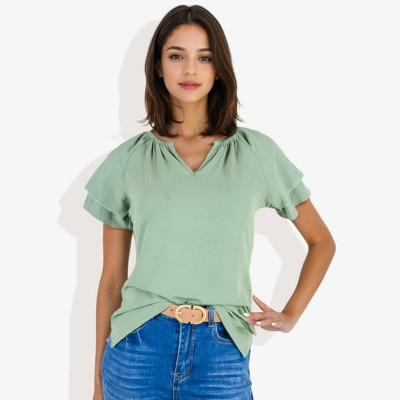 Women's Short Sleeve V-Neck Blouse with Double Layer Ruffle Sleeve Detail Casual and Chic for Everyday Wear- X Large, Green