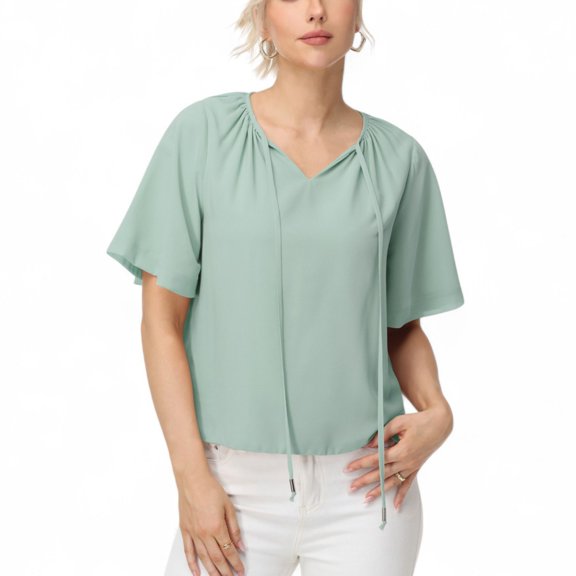 Women's Short Sleeve V-Neck Blouse with Gathered Shoulder Detail and Long Neck Tie Accent - Small, Green