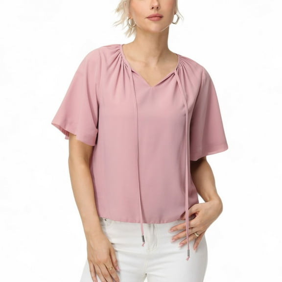 Women's Short Sleeve V-Neck Blouse with Gathered Shoulder Detail and Long Neck Tie Accent - Small, Pink
