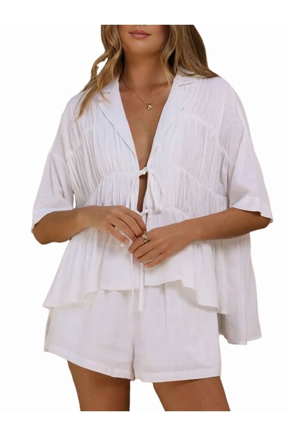 Women's Short Sleeve V Neck Blouses Ruffle Hem Tie Front Crop Tops Lightweights Basic Summer Tops White L