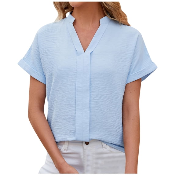 Women's Short Sleeve V Neck Blouses Solid Wrinkle Fabric Casual Tunic Shirts Basic Tops Pullovers Sky Blue,L