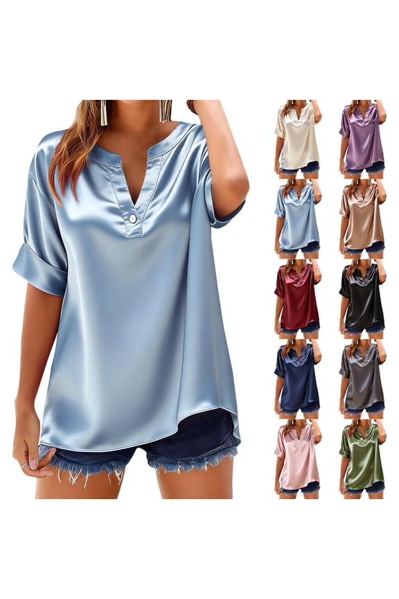 Women's Short Sleeve V Neck Button Down Top Blouse Shirt Pullover Solid Color Loose Fit Casual Daily Wear Work Office Vacation Fashion Essential for Women | Aestivo,Blue XL