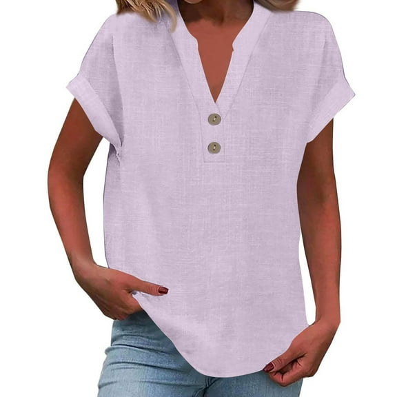 Women's Short Sleeve V Neck Button Tunic Blouse Loose Fit Solid Color Top 2026 Light Purple XL