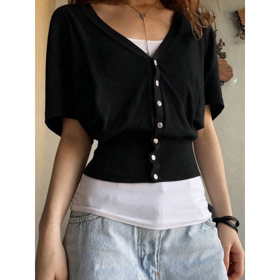 Women's Short Sleeve V-Neck Cardigan Button Front Knit Top Fitted Waist for Work and Daily Wear