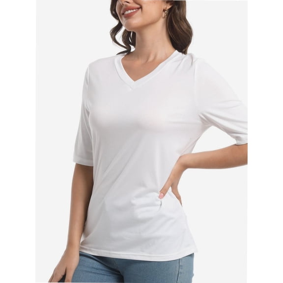 Women's Short Sleeve V Neck Casual Basic Solid Color Pullover Lightweight Soft Knit T-Shirt Tops