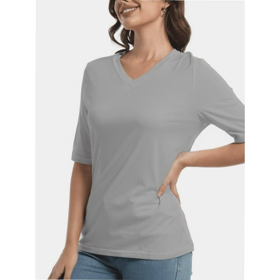 Women's Short Sleeve V-Neck T-Shirt - Soft Lightweight Knit Pullover Top, Solid Color, Basic Casual Tee