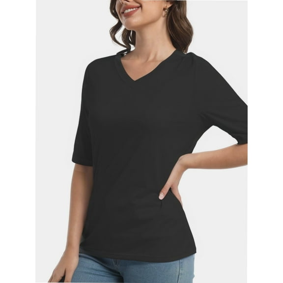 Women's Short Sleeve V-Neck T-Shirt - Soft Lightweight Knit Pullover Top, Solid Color, Basic Casual Tee