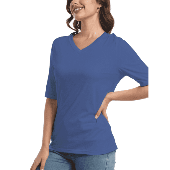 Women's Short Sleeve V Neck Casual Basic Solid Color Pullover Lightweight Soft Knit T-Shirt Tops