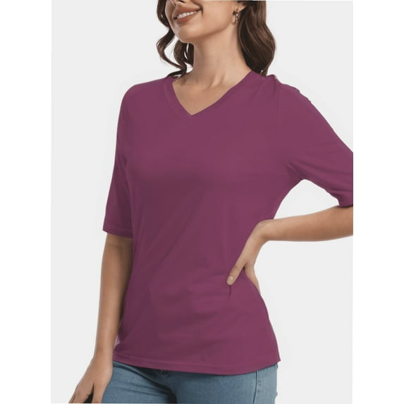 Women's Short Sleeve V-Neck T-Shirt - Soft Lightweight Knit Pullover Top, Solid Color, Basic Casual Tee