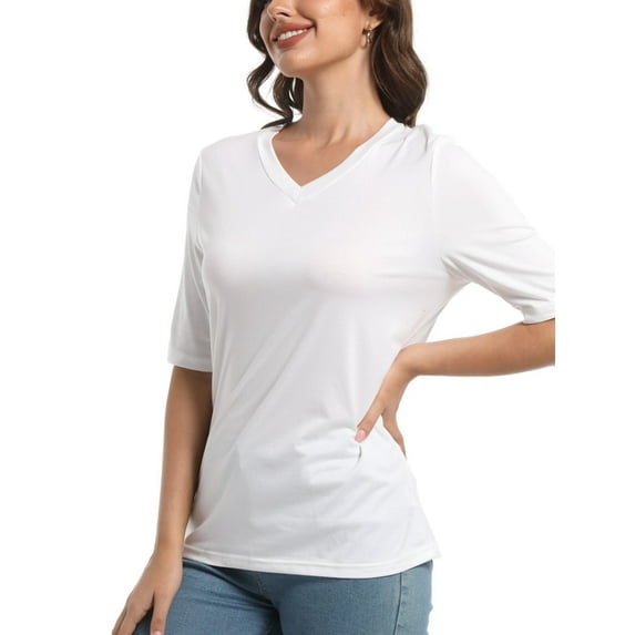 Women's Short Sleeve V Neck Casual Basic Solid Color Pullover Lightweight Soft Knit T-Shirt Tops