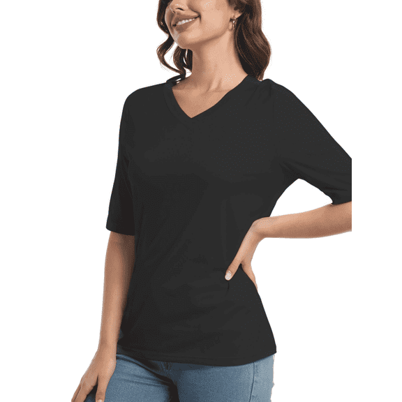 Women's Short Sleeve V Neck Casual Basic Solid Color Pullover Lightweight Soft Knit T-Shirt Tops