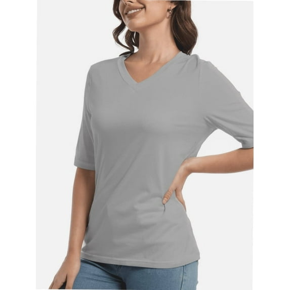 Women's Short Sleeve V Neck Casual Basic Solid Color Pullover Lightweight Soft Knit T-Shirt Tops