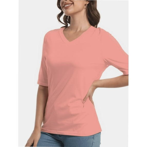 Women's Short Sleeve V Neck Casual Basic Solid Color Pullover Lightweight Soft Knit T-Shirt Tops
