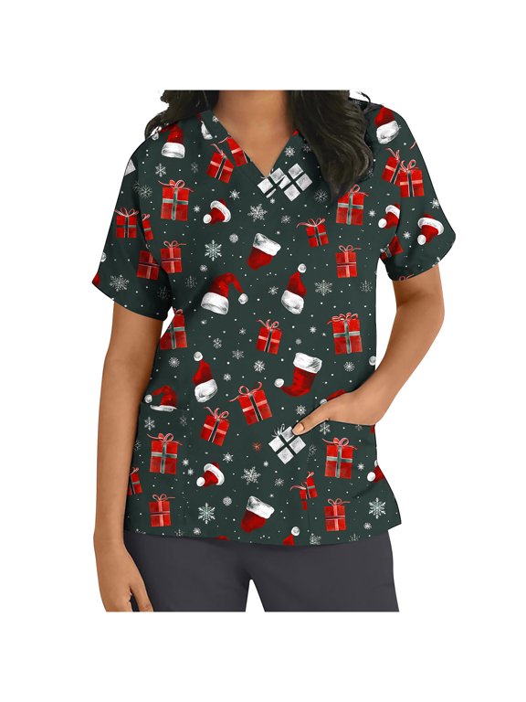 Women’s Short Sleeve V Neck Christmas Top with Xmas Tree Print Soft Casual Pullover T Shirt with Pockets Cute Nursing Friendly Holiday Scrub Top for Daily Wear and Festive Fun