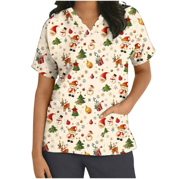 Women’s Short Sleeve V Neck Christmas Top with Xmas Tree Print Soft Casual Pullover T Shirt with Pockets Cute Nursing Friendly Holiday Scrub Top for Daily Wear and Festive Fun