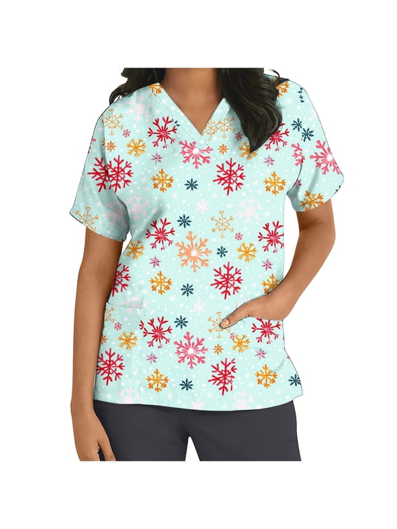 Women’s Short Sleeve V Neck Christmas Top with Xmas Tree Print Soft Casual Pullover T Shirt with Pockets Cute Nursing Friendly Holiday Scrub Top for Daily Wear and Festive Fun