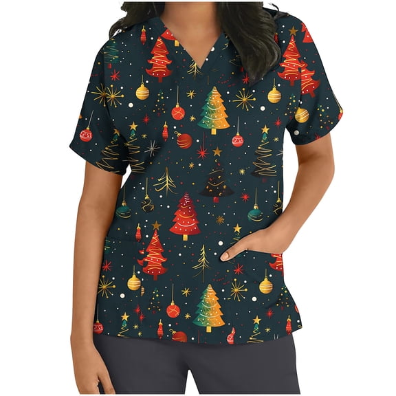 Women’s Short Sleeve V Neck Christmas Top with Xmas Tree Print Soft Casual Pullover T Shirt with Pockets Cute Nursing Friendly Holiday Scrub Top for Daily Wear and Festive Fun