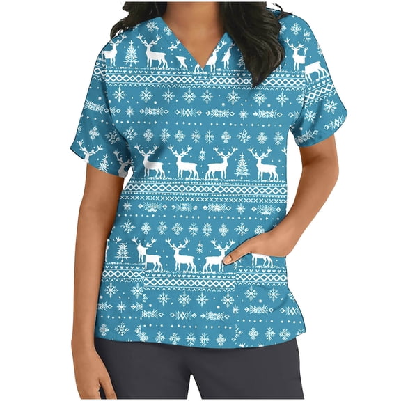 Women’s Short Sleeve V Neck Christmas Top with Xmas Tree Print Soft Casual Pullover T Shirt with Pockets Cute Nursing Friendly Holiday Scrub Top for Daily Wear and Festive Fun