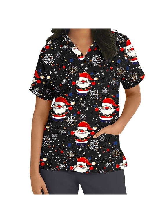 Women’s Short Sleeve V Neck Christmas Top with Xmas Tree Print Soft Casual Pullover T Shirt with Pockets Cute Nursing Friendly Holiday Scrub Top for Daily Wear and Festive Fun