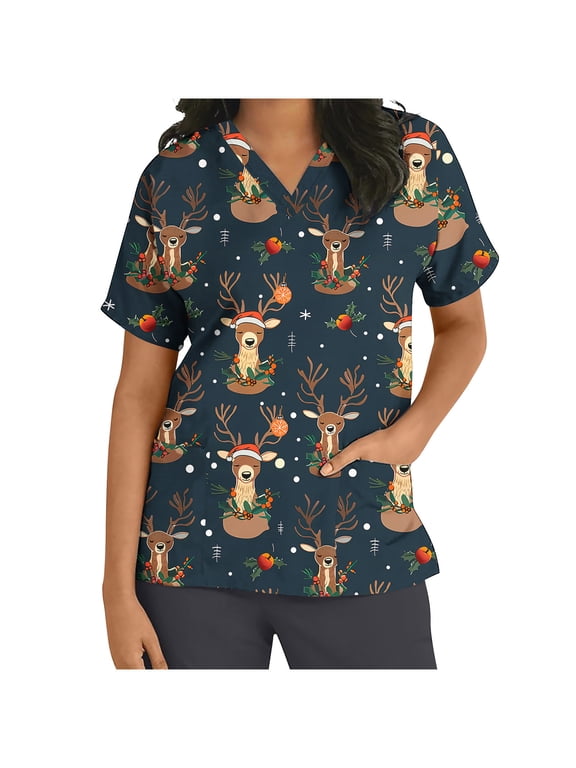 Women’s Short Sleeve V Neck Christmas Top with Xmas Tree Print Soft Casual Pullover T Shirt with Pockets Cute Nursing Friendly Holiday Scrub Top for Daily Wear and Festive Fun