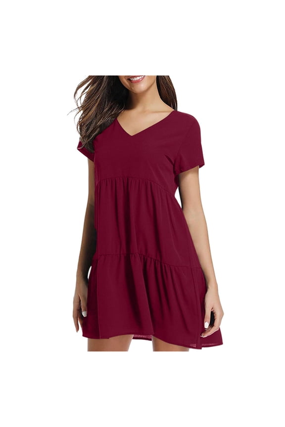 Women's Short Sleeve V-Neck Dress, Straight Cut Belted Waist Casual Loose Fit Shift Dress, Solid Color Comfortable Day Dress for Daily Errands, Weekend Outings, and Relaxed Style Red