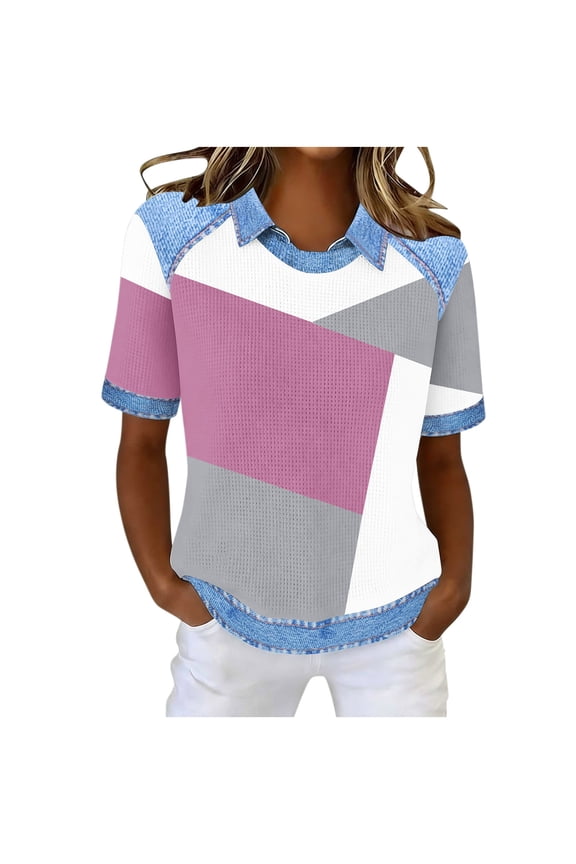 Women’s Short Sleeve V Neck Drop Shoulder Tops Classic Soft Smooth Color Block Shirts Outdoor Training Travel Blouses