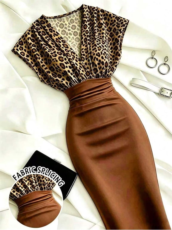 Women's Short Sleeve V-Neck Fitted Midi Dress with Leopard Print Patchwork and Ruched Detail, Slimming Bodycon Dress for Elegant Occasions