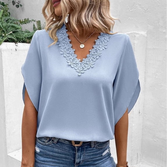 Women's Short Sleeve V-Neck Flare Sleeve Solid Casual Blouse for Spring Summer
