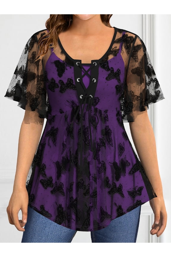 Women's Short Sleeve V Neck Floral Mesh Tunic Blouse Butterfly Lace Flutter Sleeve Lace Up Relaxed Fit Top Plus Size Double Layers High Low Casual Tops