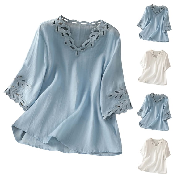 Women's Short Sleeve V Neck Linen Top Shirts Blouses with Embroidered Hollow Out Details Solid Color Casual Work Vacation Outfits Fashion Essential Gift for Women | Aestivo,White L