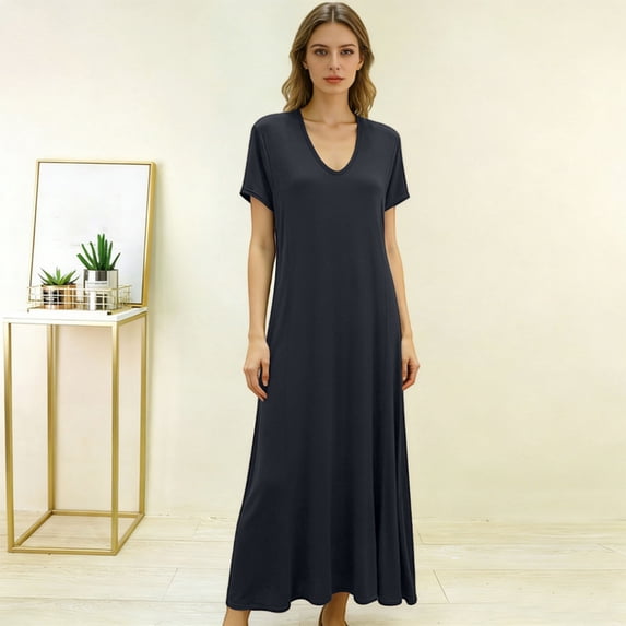 Women's Short Sleeve V-Neck Nightgown, Long Length Comfortable Sleep Dress for Bedtime, Summer Nights, and Home Loungewear, Soft and Breathable Fabric-Dark Gray